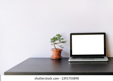 Office Desk And White Background, Workspace Desk And Blank Scree