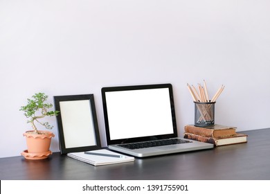 Office Desk And White Background, Workspace Desk And Blank Scree