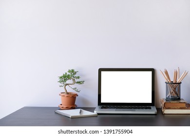 Office Desk And White Background, Workspace Desk And Blank Scree