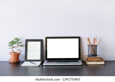 Office Desk And White Background, Workspace Desk And Blank Scree