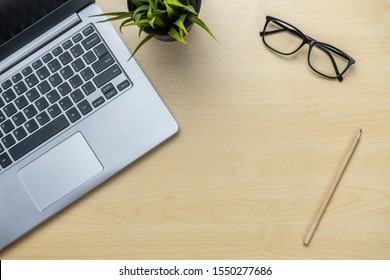 Office desk workspace and table background from top view above flat lay objects. Modern minimal design desktop for creative working. Minimalism concept. - Powered by Shutterstock