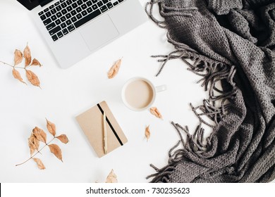 Office Desktop With Laptop, Craft Diary, Golden Pen, Terry Plaid, Fall Autumn Leaves, Coffee With Milk On White Background. Flat Lay, Top View.