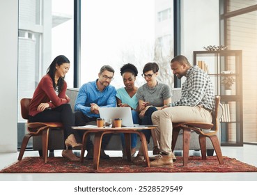 Office, discussion and people with laptop at table for project information, review or IT research. Company, diversity and developer team with tech for software development, plan or open source report