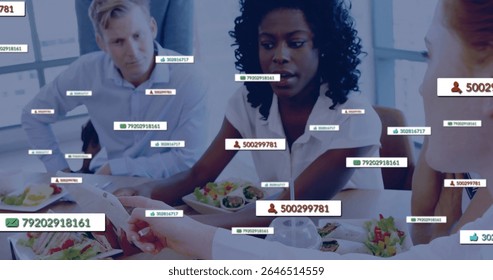 In office, diverse team discussing data with floating numbers in image. Teamwork, brainstorming, digital, analytics, finance, collaboration - Powered by Shutterstock - Get 15% off with code: PIKWIZARD15