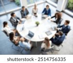 Office employee discussion in circular table from above view. Group of businesspeople negotiating gathered in modern conference room.