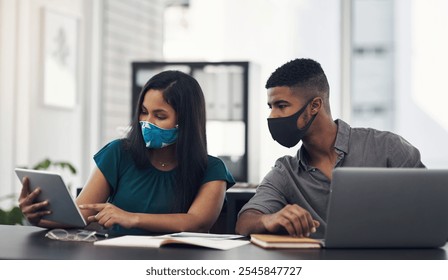 Office, face mask and business people with tablet for discussion, planning and solution for software. Teamwork, employees and designers with digital for app update, design tools and safety for virus - Powered by Shutterstock