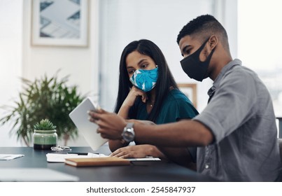 Office, face mask and business people with tablet for discussion, planning and solution for software. Teamwork, employees and designers with digital for app update, design tools and safety for virus - Powered by Shutterstock