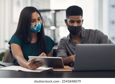 Office, face mask and business people with laptop for discussion, planning and solution for software. Teamwork, employees and designers with tablet for app update, design tools and safety for virus - Powered by Shutterstock