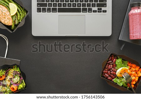 Similar – Image, Stock Photo desktop from above, copy space for text