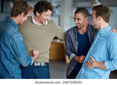 Office, friends or men with laugh after joke, comedy and remember funny memory with happiness. Creative team, business people and celebration with conversation, bonding and break to hangout together - Powered by Shutterstock