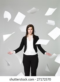 Office Girl With A Lots Of Papers Flying Around