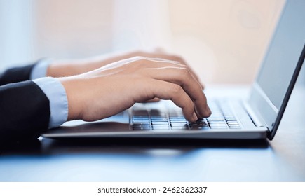 Office, hands and computer for typing on table for information, browsing and writing email. Workplace, business person and technology for connection, networking and research of company project online