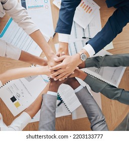 Office Hands Work On Paperwork Together, Showing Corporate Cooperation And Healthy Community Culture To Reach Business Goals. Success Is Collaboration Through Teamwork, Innovation And Positivity