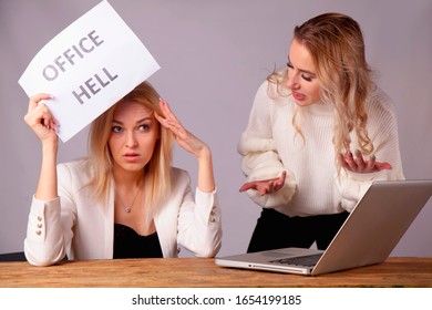 Office Hell. Conflict Between Female Colleagues. Business Woman Going Crazy With Work In Office.