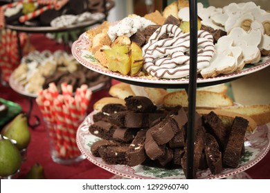 Office Holiday Party. Food Catering, Plate Display Filled With Sweets, Candy, Cookies, Chocolate Covered Pretzels And Fruits.