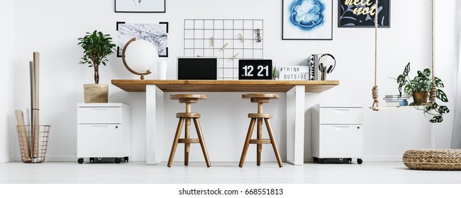 Office At Home With A Double Desk, And Two Stylish Chairs