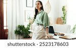 Office, interior designer and portrait of business woman with confidence, pride and startup career. Architecture, professional and person at desk for decoration company, creative job and opportunity