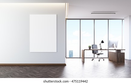 Office Interior With Poster On Wall, Desk And Computer On It. Concept Of CEO Workplace. 3d Rendering. Mock Up