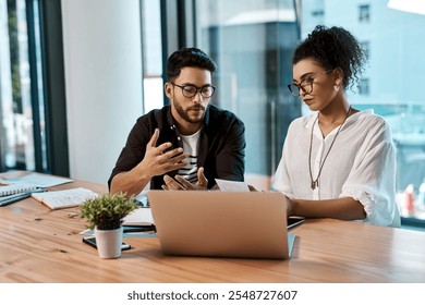 Office, laptop and colleagues with glasses, collaboration and together for working in project online. Workplace, woman and man with teamwork, photo editor and digital for planning or business - Powered by Shutterstock