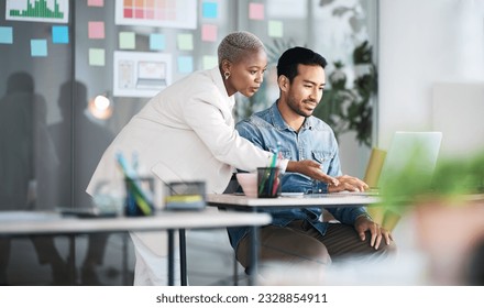 Office laptop, diversity and business people reading online report, website design feedback or research project. Collaboration, staff mentor and team designer working on company homepage development - Powered by Shutterstock