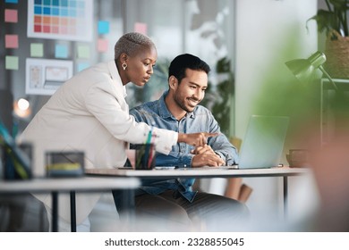 Office laptop, diversity teamwork and happy people review media application layout, creative design or research project. Collaboration, designer or professional team working on app development report - Powered by Shutterstock