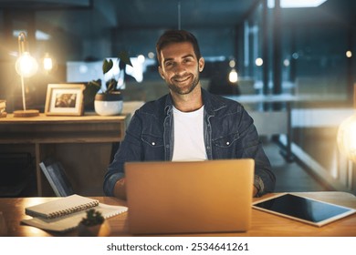 Office, laptop and portrait of businessman at night for website, research and online project. Professional, company and person on computer for working late for deadline, proposal and email networking - Powered by Shutterstock