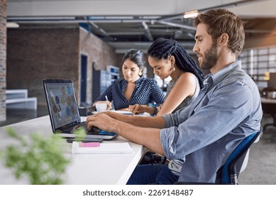 Office laptop, typing or person working on advertising data analysis, social media statistics or customer experience insight. Brand monitoring software, coworking research or man review web analytics - Powered by Shutterstock