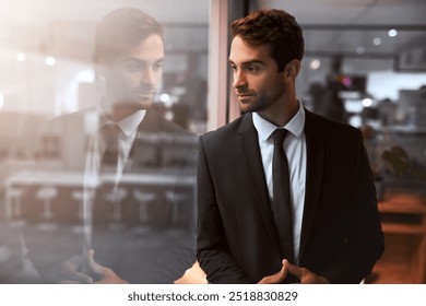 Office, lawyer and businessman with thinking for ideas, case trial and justice by window reflection. Career, male attorney or planning with thoughts for court procedure, corporate law or legal advice - Powered by Shutterstock