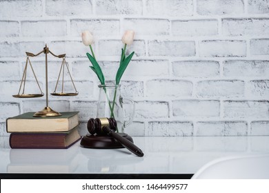 Office Lawyer Desk With Gavel,scale,justice And Book. Lawyer Desk With Copy Space.