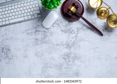 Office Lawyer Desk With Law Books,laptop Computer, Judge Gavel And Scales Of Justice.justice And Law Concept.