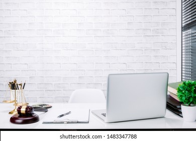 Office Lawyer Desk With Law Books,laptop Computer, Judge Gavel And Scales Of Justice.justice And Law Concept.