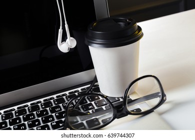 Office leather desk table with computer, supplies