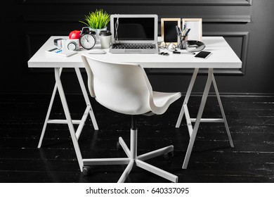 Office leather desk table with computer, supplies
