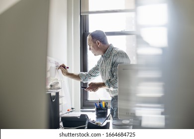 Office Life. A Man Standing Up Working And Making Notes On A Wall Chart. Project Management.