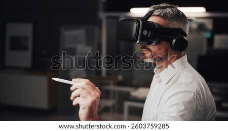 Office, man and creativity with virtual reality for drawing, sketching and future design for architect. Night, mature person and engineer with technology for AR goggles, metaverse and user experience
