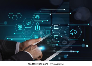 Office man finger touch a digital screen, double exposure hud with network communication and data service. Manager in global communication network and personal information