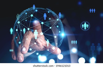 Office man hand finger point to a digital sphere with icons, double exposure. Data security and personal information. Concept of network communication