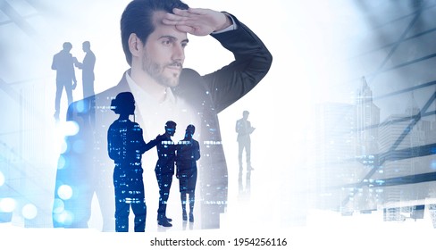 Office Man Looking At Long Distance, Silhouettes Of Diverse Business People Working Together, Toned Image Of Skyscrapers At Night. Concept Of International Communication With Partners