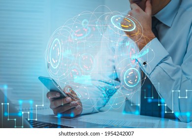 Office man with smartphone in hand. Double exposure with earth globe with stock market changes with candlesticks, data information symbols and circuit. Concept of financial advisor