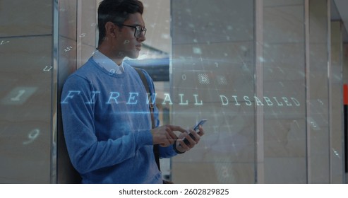 In office, man using smartphone with digital firewall disabled, cybersecurity focus. technology, hacking, business, protection, data, risk - Powered by Shutterstock - Get 15% off with code: PIKWIZARD15