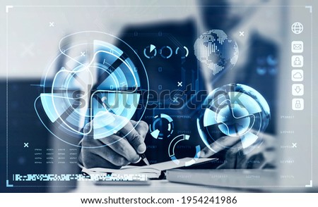 Office man writing notes, blurred background. Blue hologram of digital security interface, pie chart and network connection. Concept of personal data protection