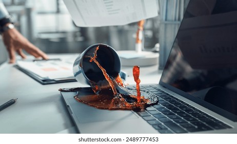 Office Manager Accidentally Spilling Hot Coffee on Working Laptop Computer with Business Presentation Or Financial Reports For Large Company. Concept of Failing or Screwing Up In A Workplace