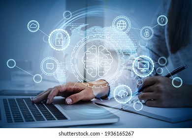 Office manager with electronic device on table, glowing hud with brain. Cloud, gears and personal information. Concept of business ideas and brainstorming - Powered by Shutterstock