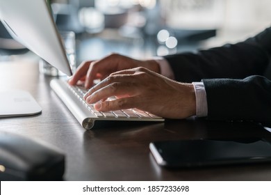 Office Manager Male Hands Typing On Computer Keyboard, Closeup. Businessman Working, Typing On The Wireless Keyboard, No Face, Concept Of Office Work