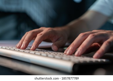 Office Manager Male Hands Typing On Computer Keyboard, Closeup. Businessman Working, No Face, Two Hands On Wireless Keyboard. Concept Of Office Work