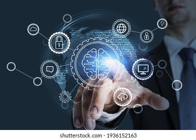 Office manager point on a drawing of human brain, double exposure. Data security and cloud, gears and personal information. Concept of business ideas and data storage