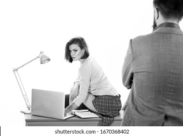 Office Manager Or Secretary. Sexy Personal Secretary. Full Of Desire. Sexual Fantasy. Sexy Lady Worker. Ready For Inspection. Sexual Tension. Man Boss Stand In Front Of Sexy Girl Working Laptop.