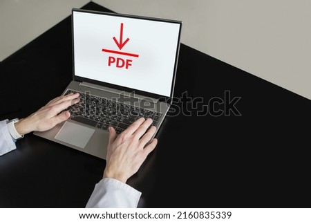Office manager uploads PDF file to laptop, computer display with arrow and PDF inscription