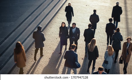 Office Managers And Business People Commute To Work In The Morning Or From Office On A Sunny Day On Foot. Pedestrians Are Dressed Smartly. Successful People Walking In Downtown. Shot From Above.