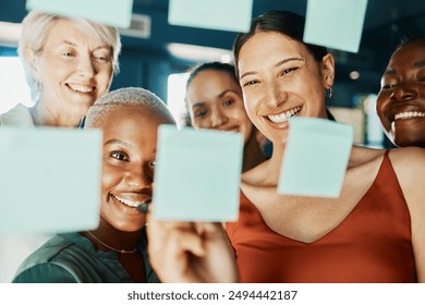 Office, meeting and glass wall for teamwork, planning and sticky notes with smile for report. Women, diversity and team for small business, discussion and collaboration for partnership or b2b project